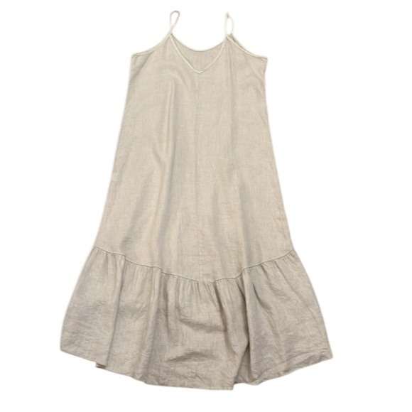 Natural Linen Strappy V-Neck Maxi Dress Ruffle Hem Italy Terzo Millennio Large - Picture 2 of 12